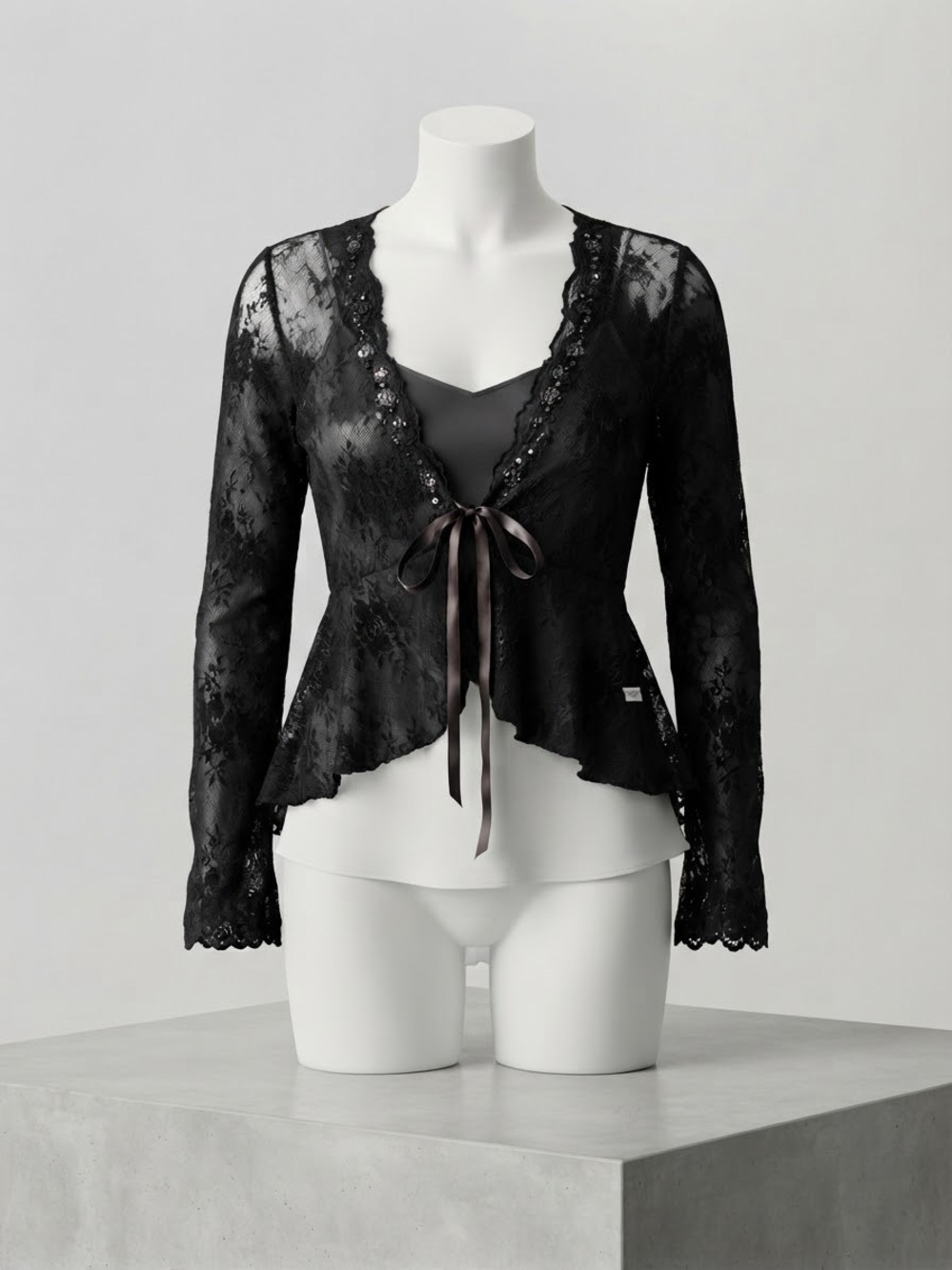 New York & Company Vintage Y2K Black Floral Lace Sequin Cardigan Top